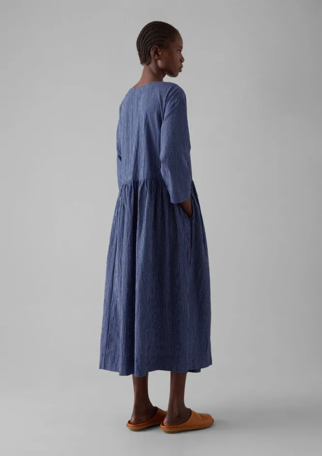 Loungewear|Dresses-TOAST Check Crinkle Cotton Boat Neck Dress Cobalt