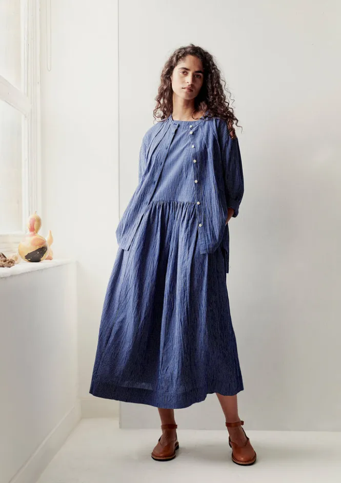 Loungewear|Dresses-TOAST Check Crinkle Cotton Boat Neck Dress Cobalt