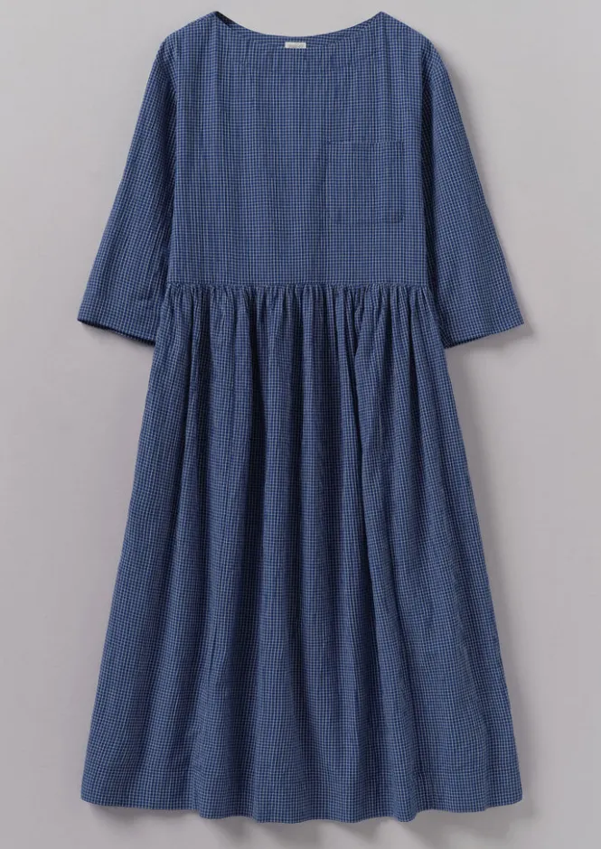Loungewear|Dresses-TOAST Check Crinkle Cotton Boat Neck Dress Cobalt