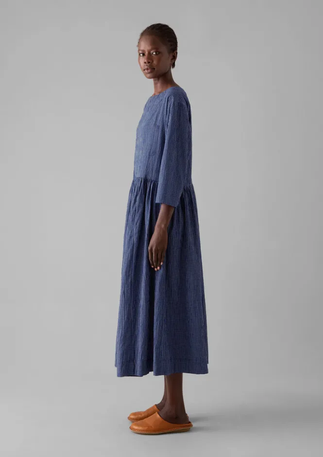 Loungewear|Dresses-TOAST Check Crinkle Cotton Boat Neck Dress Cobalt