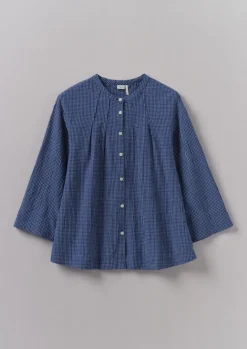 Loungewear|Tops & Tees-TOAST Check Crinkle Cotton Tie Shirt Cobalt