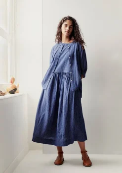 Loungewear|Tops & Tees-TOAST Check Crinkle Cotton Tie Shirt Cobalt