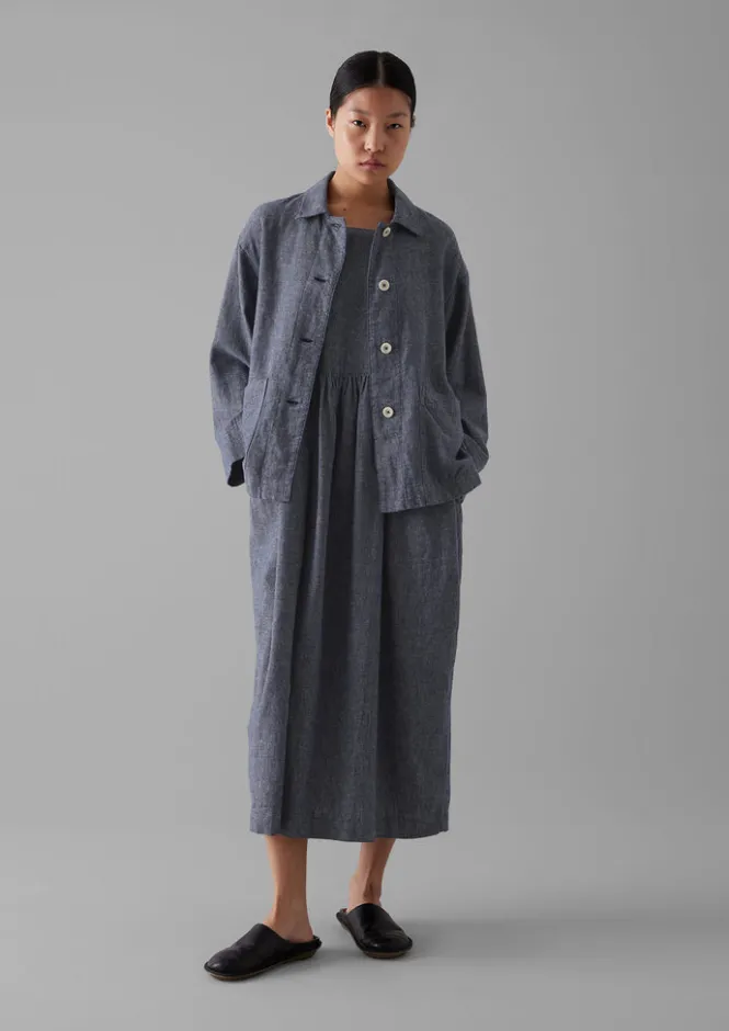 Linen|Loungewear-TOAST Cotton Linen Twill Gathered Waist Dress IndigoBlue