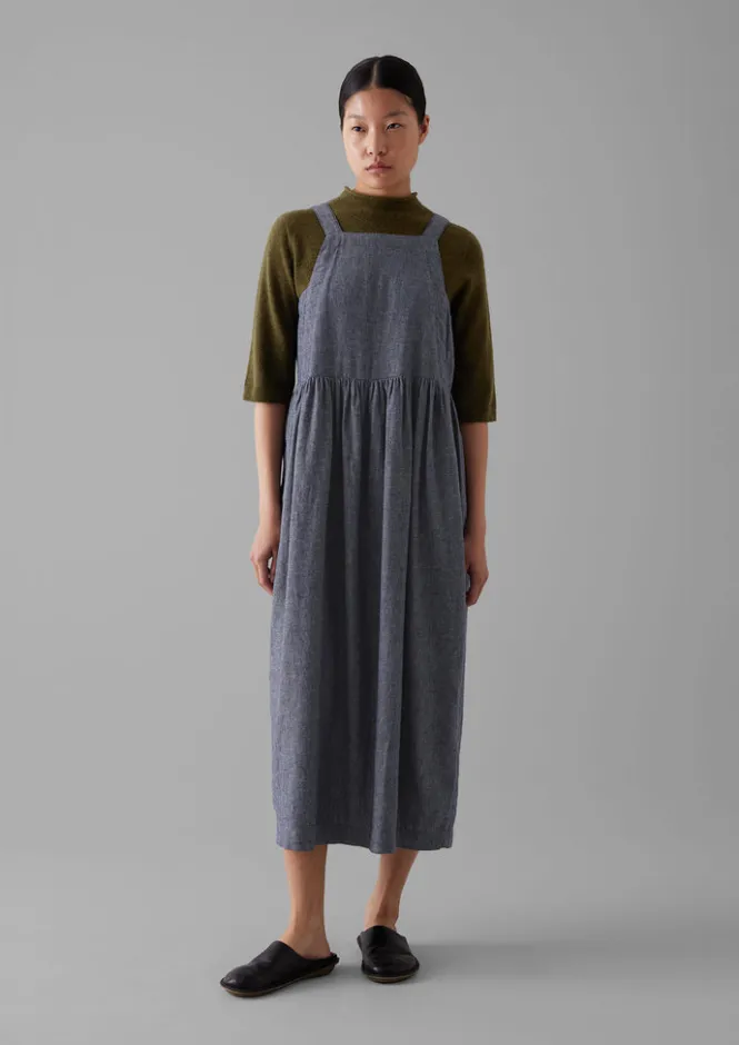 Linen|Loungewear-TOAST Cotton Linen Twill Gathered Waist Dress IndigoBlue