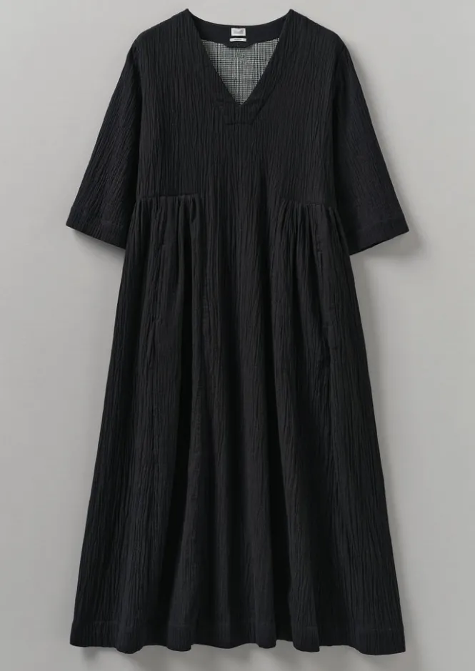 Loungewear|Dresses-TOAST Crinkled Cotton V-Neck Dress Black
