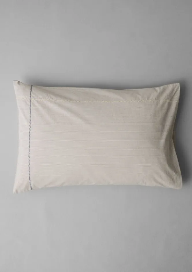 Textiles|Bed Linen-TOAST Fine Stripe Organic Cotton Embroidered Pillowcase Ecru/SmokeBlue