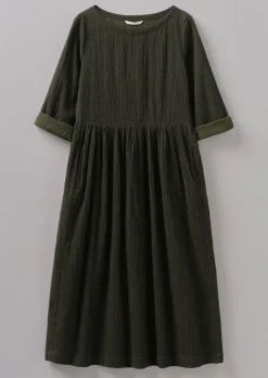 Loungewear|Dresses-TOAST Freya Crinkle Organic Cotton Dress DarkestOlive
