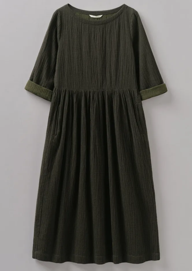 Loungewear|Dresses-TOAST Freya Crinkle Organic Cotton Dress DarkestOlive