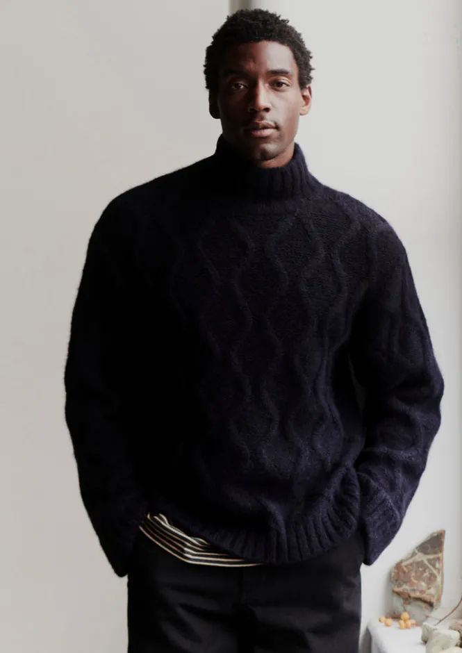 Knitwear-TOAST Roll Neck Cable Knit Sweater Navy