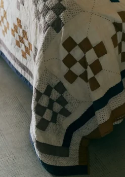 Textiles|Blankets & Throws-TOAST Tile Cotton Patchwork Quilt Ecru/GoldenHay/Prune