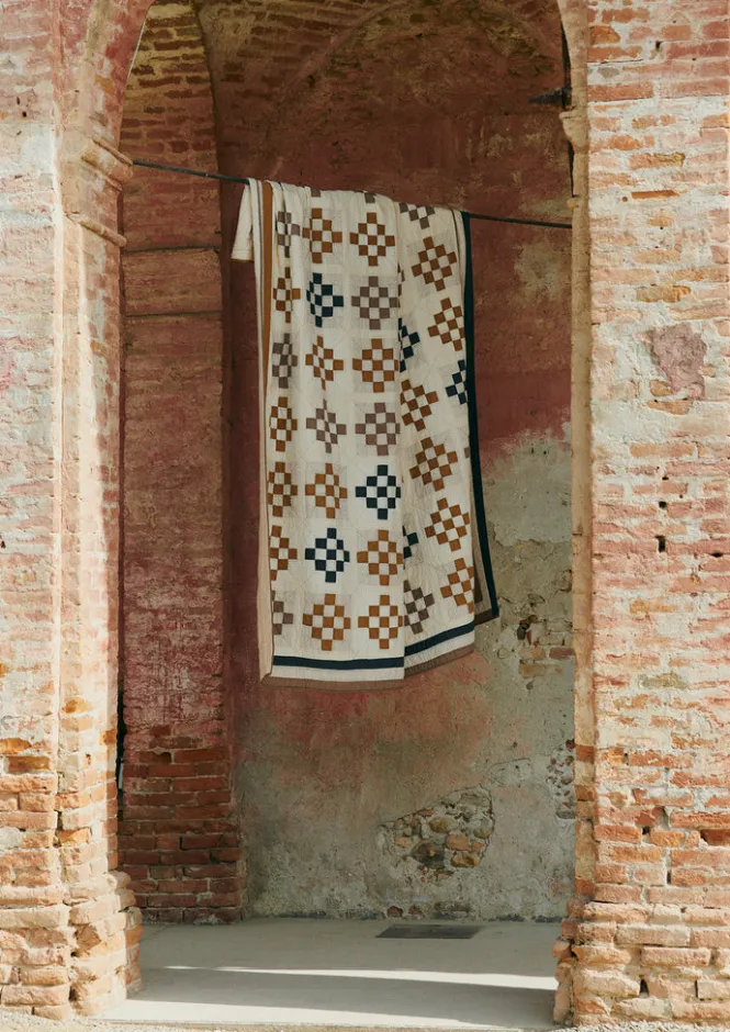Textiles|Blankets & Throws-TOAST Tile Cotton Patchwork Quilt Ecru/GoldenHay/Prune