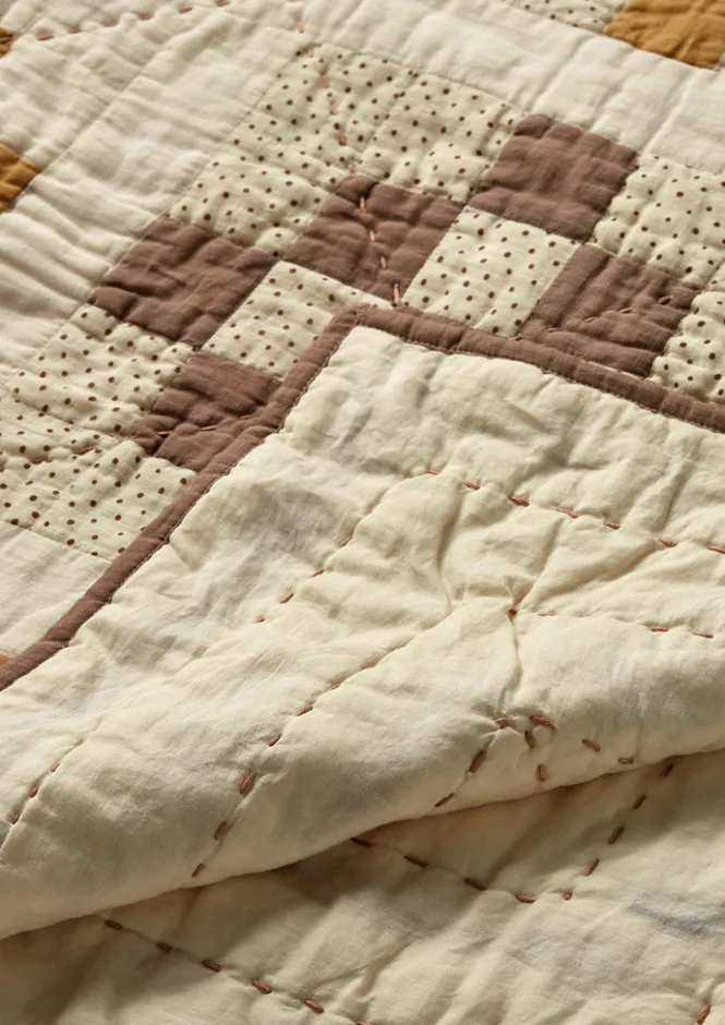 Textiles|Blankets & Throws-TOAST Tile Cotton Patchwork Quilt Ecru/GoldenHay/Prune