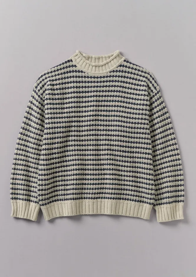 Knitwear-TOAST Tucking Stripe Wool Cotton Sweater Ecru/Navy