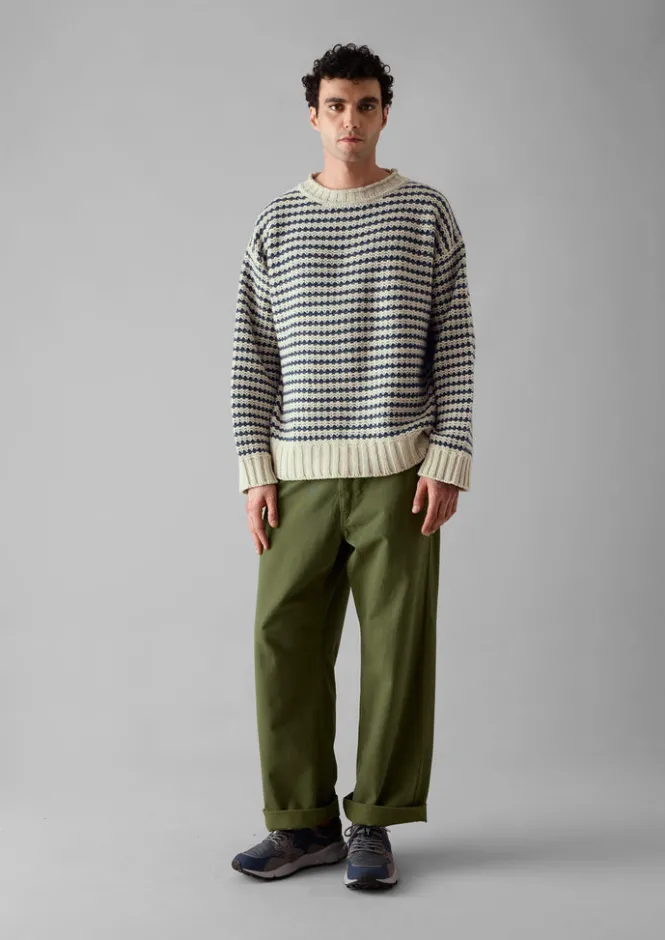 Knitwear-TOAST Tucking Stripe Wool Cotton Sweater Ecru/Navy