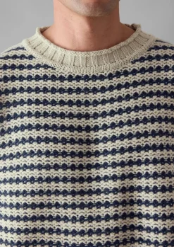 Knitwear-TOAST Tucking Stripe Wool Cotton Sweater Ecru/Navy