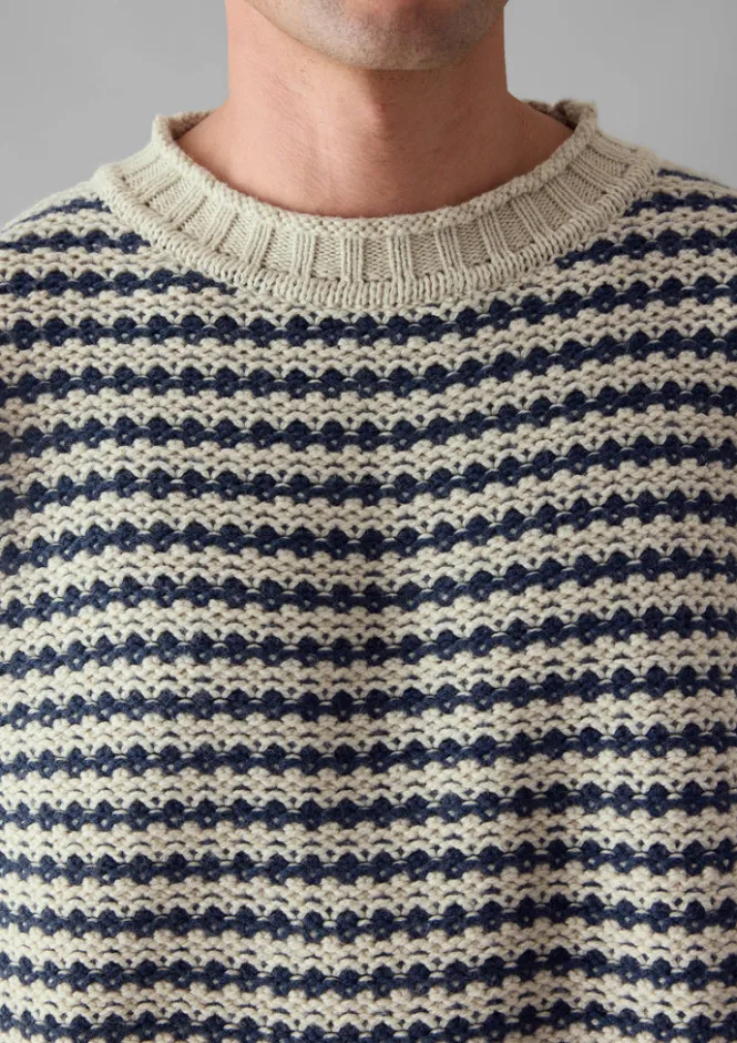 Knitwear-TOAST Tucking Stripe Wool Cotton Sweater Ecru/Navy